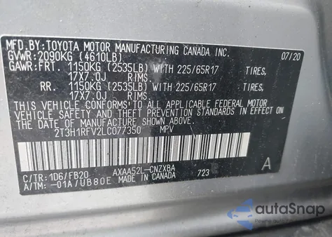 2020 Toyota Rav4 Le from USA, damaged, VIN 2T3H1RFV2LC077350